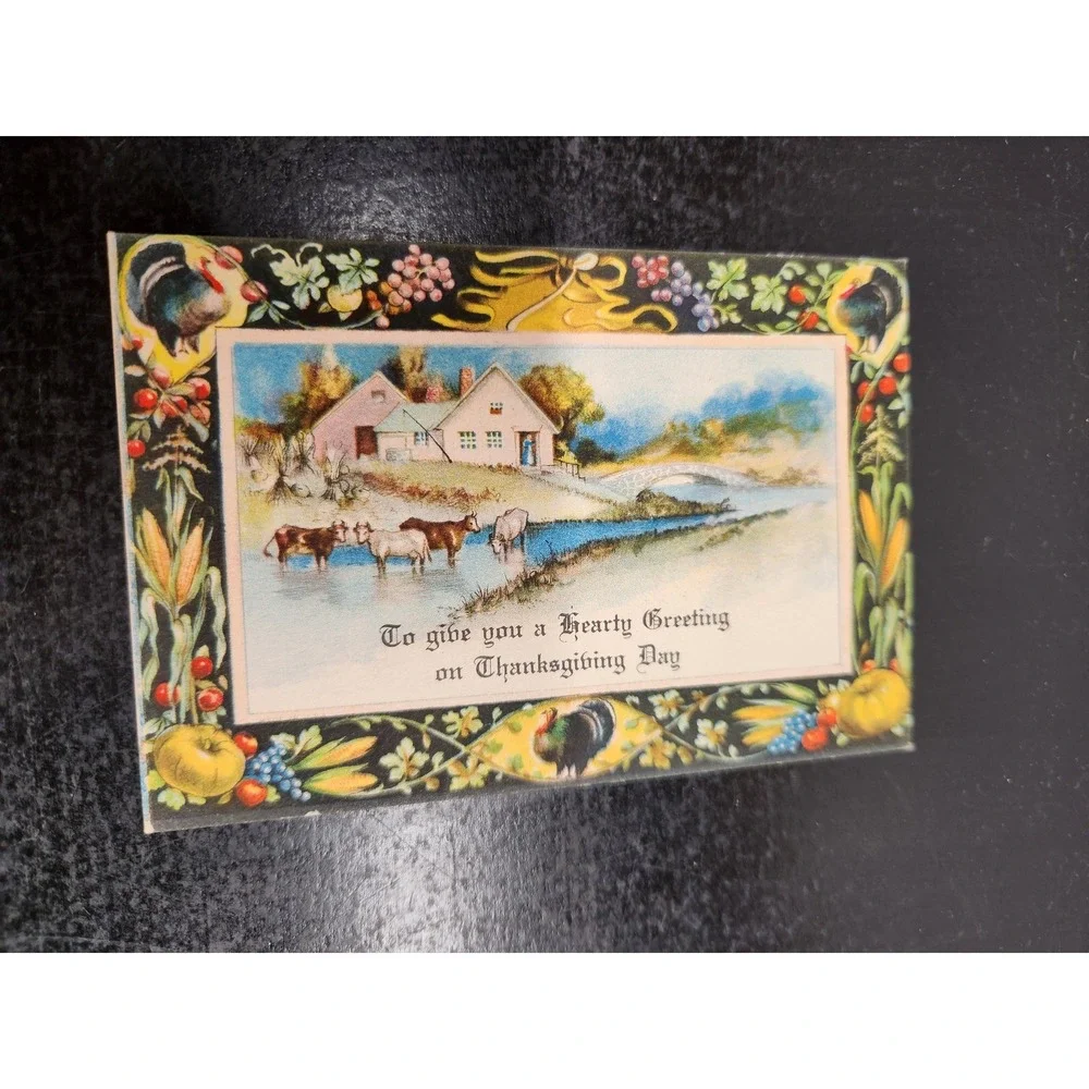 Antique Thanksgiving Greeting Card VTG Pastoral Farmhouse‎ Turkey Harvest Scene